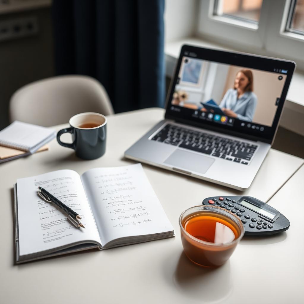 A calm home study desk with notes, a calculator, tea and a laptop showing a tutoring call